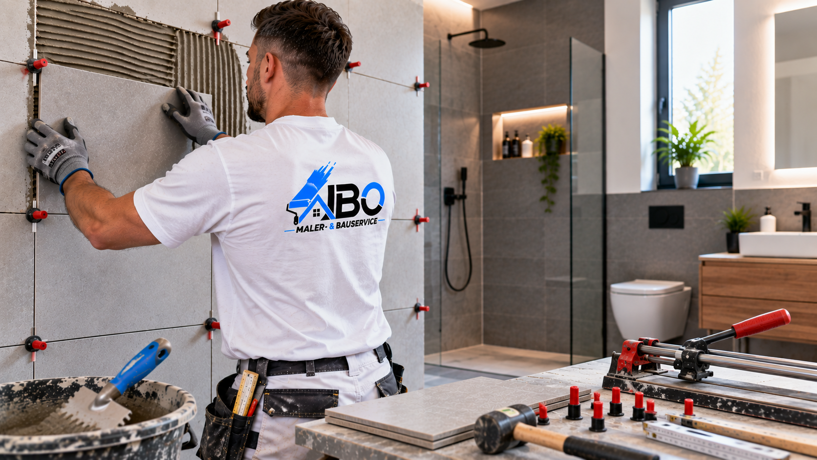 Fliesenarbeiten im Badezimmer &ndash; fachgerechte Verlegung von Wandfliesen durch IBO Maler &amp; Bauservice